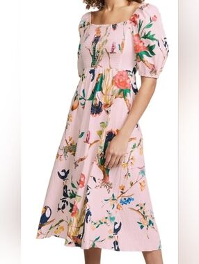 Tanya Taylor Floral Puff-Sleeve Midi Dress Size 0X